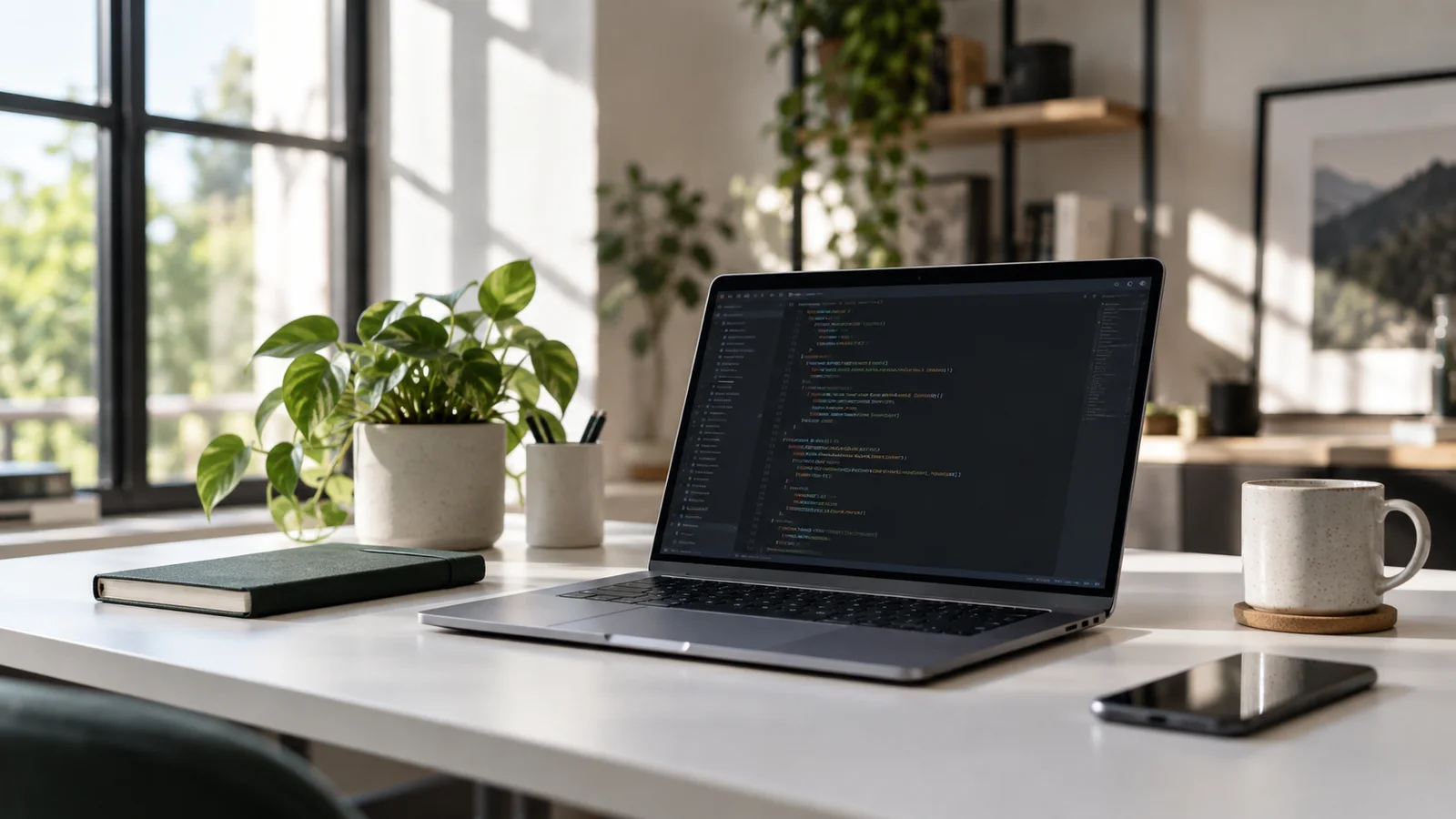 A laptop on a minimal desk in a sunlit software development workspace